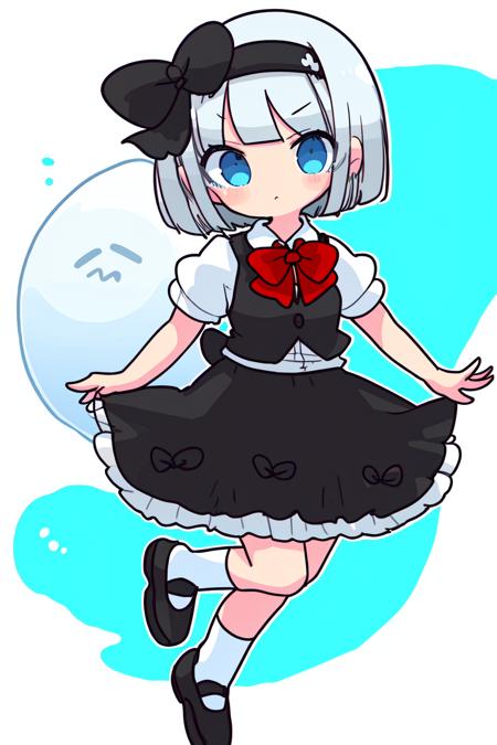 05646-1961680860-skistyle, 1girl, konpaku youmu, green skirt, skirt, shirt, white shirt, hairband, green vest, bow, short sleeves, blue eyes, bla.png